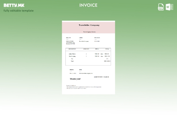 Модерен стил USA Travelvibe шаблон за фактура на компанија